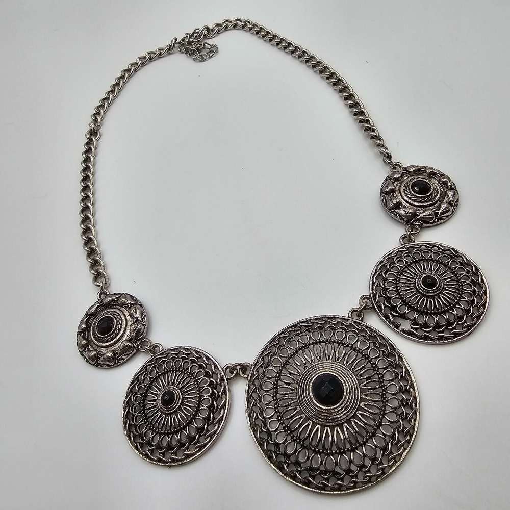 Statement Bib‎ Necklace Silver Tone Black Stone Filigree Medallion Boho Tribal